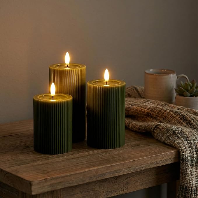 WYZworks Fluted Ribbed LED Pillar Candles, Loden Green, with Realistic Reflective Melted-Wax Effect – Flickering Flame, Remote, Dimmable, Flameless, Battery Operated, Home & Wedding Decor (Set of 3)