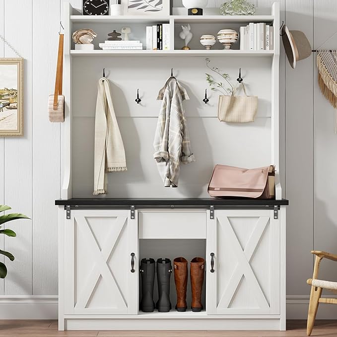 4ever2buy Farmhouse Hall Tree with Bench 5-in-1 Entryway Bench with Coat Rack with Sliding Barn Doors Entryway Coat Rack with Shoe Storage White