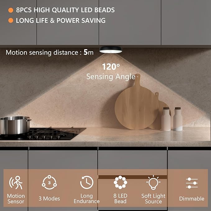 Stick On Lights, LED Puck Lights, Rechargeable Motion Sensor Night Light, 3 Operating Modes, Adjustable Brightness,Under Cabinet Lightins for Bedroom, Closet, Kitchens (2 Pack).