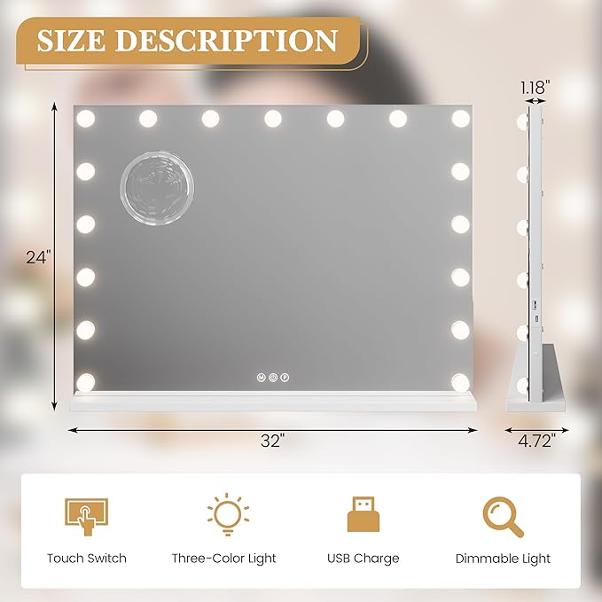 IDEALHOUSE Vanity Mirror with Lights, 32''x24'' Tabletop LED Makeup Mirror, 3 Color Lighting Modes, USB Charging Port Touch Control, Detachable 3X Magnification Mirror, Tabletop or Wall-Mounted