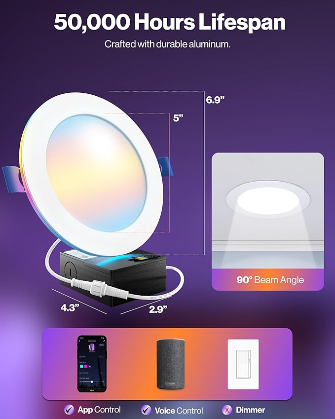 Sunco 4 Pack 6 Inch Smart Ultra Thin LED Recessed Ceiling Lights with Night Light, Tunable CCT 2700K to 6000K, Dimmable, 15W, Smooth Trim, Canless with Junction Box