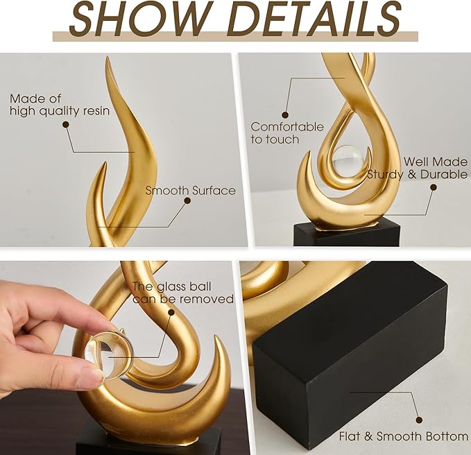Gold Flame Statue Decor for Living Room, 11.8″ H Modern Minimalist Sculptures Home Decorations for Dining Room, Abstract Art Sculpture for Shelf Coffee Table Centerpiece