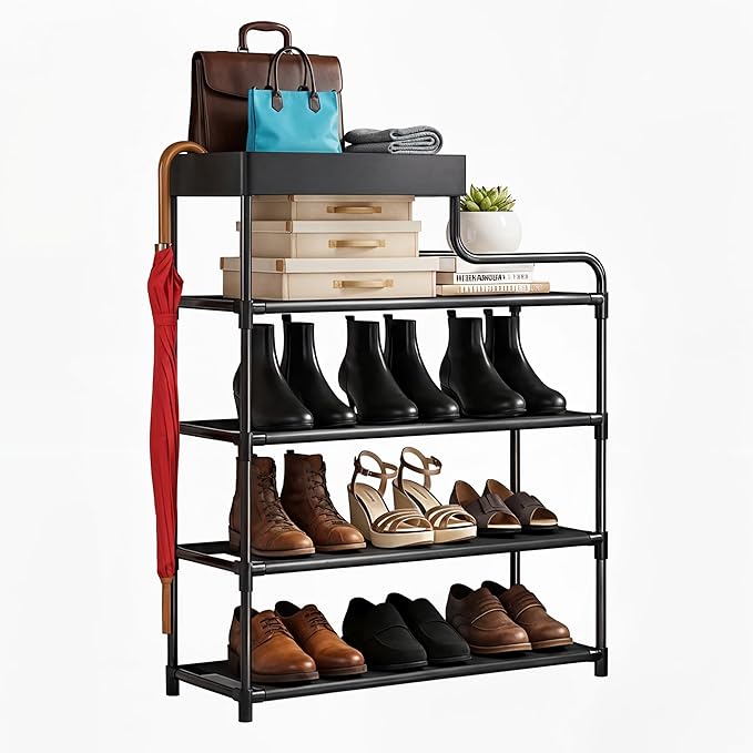 Entryway Shoe Storage, Shoe Rack For Closet, Zapateras Organizer, Organizador de Zapatos, 4 Tier Storage Rack with Top Tray, Narrow Zapatero for Sneakers, Boots and Heels