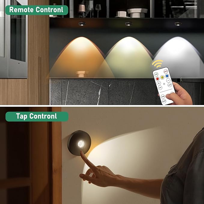 Rechargeable Puck Lights with Remote Control,2000mAh High Capacity Battery Operated LED under Cabinet Lighting,Dimmable Tap Stick On& Magnetic Mount Wireless Closet Light for Kitchen Counter,Shelve
