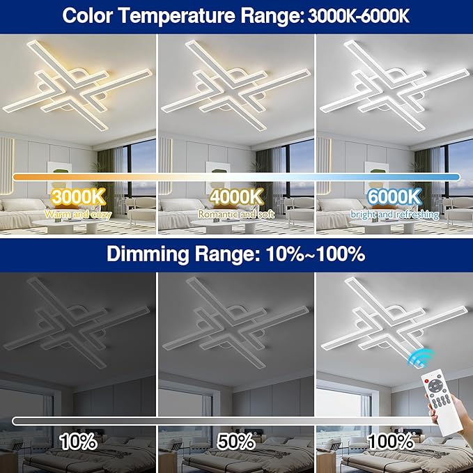 Modern LED Ceiling Lihgt with Remote Control Sputnik Flush Mount Ceiling Light Fixture 3 Color Dimmable White Chandelier for Kitchen Dining Room Living Room Bedroom.