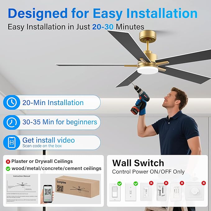 72" Large Smart Ceiling Fan with Lights Remote,Silent DC Motor,Control via Voice Alexa Google App,Outdoor Indoor Gold White Ceiling Fans for Large Modern Living Room Patio,Dimmable,5 Blades in Black