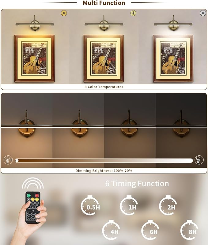JOOSENLUX Battery Operated Picture Light Gold - Modern Wireless Picture Lights for Wall Dimmable 16.5inch Under Cabinet and Swing Arm for Canvas Sconce 3000K CRI95