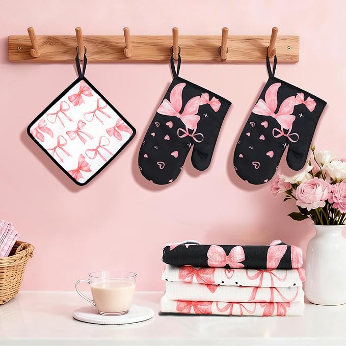 8 Pcs Cute Pink Bow Kitchen Towels and Dishcloths Sets Oven Mitts Pot Holders Set Valentines Day Absorbent Decor Accessories Gloves Potholders Heat Resistant for Chef Baking Cooking Home Gifts