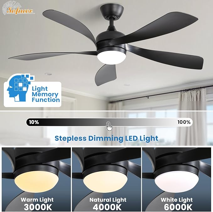 Sofucor 52" Smart Ceiling Fan, Indoor/Outdoor Ceiling Fans with Lights and Remote, Compatible with Alexa/Google/App, 3-Color Light 6-Speed Timing Reversible DC Motor for Bedroom Living Room Patio