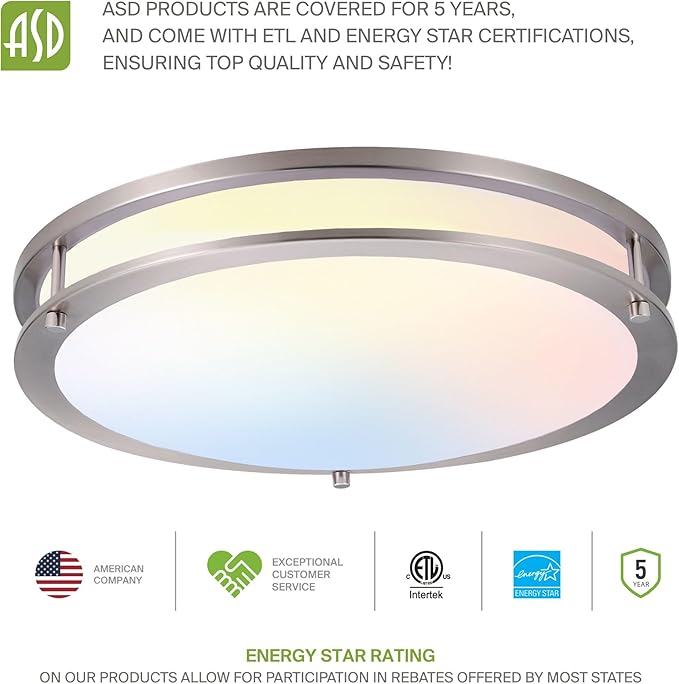 ASD LED 10" Round Flush Mount Lighting, Close to Ceiling Light Fixture | 3CCT, Dimmable, Energy Star, ETL Listed | 16W 1041LM 3000K-5000K 120V | Low Profile Double Ring Lamp | Nickel, 4 Pack