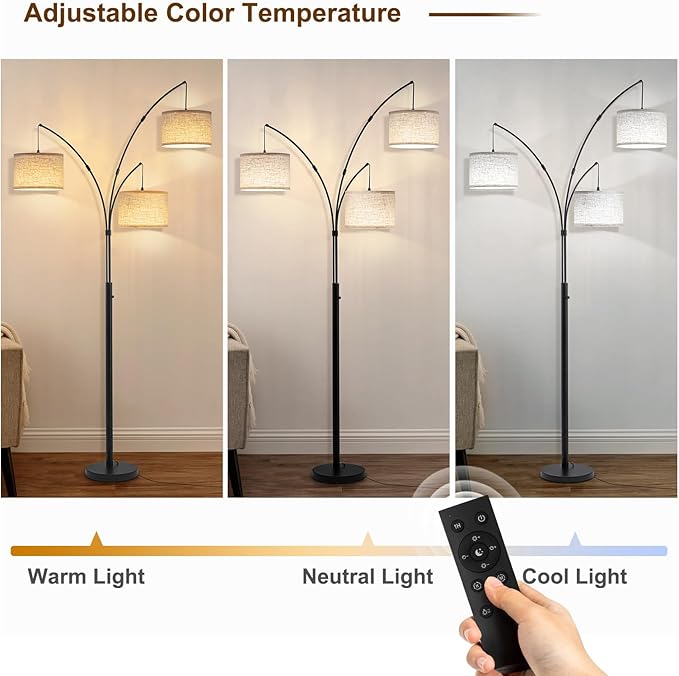 Floor Lamps for Living Room, 2400LM Super Bright Arc Floor Lamp with Remote Control, 3 Light Tall Floor Lamps with Stepless Dimmable, 80" Mid Century Tree Floor Lamp for Bedroom, Office