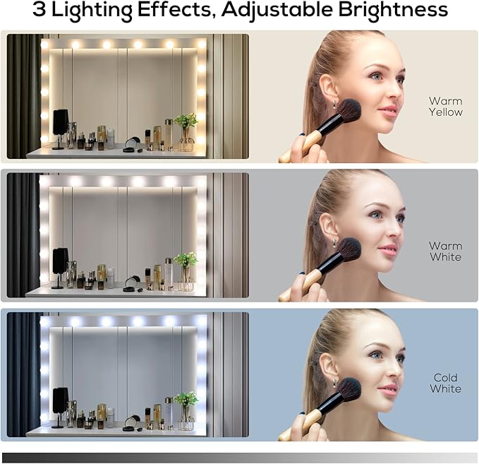 SMOOL Vanity with Lighted Mirror, Makeup Vanity Desk with Power Outlet and LED Bulbs, 3 Color Lighting Modes Adjustable Brightness, 7 Drawers Vanity Table with Cushioned Stool for Bedroom, White