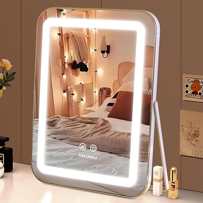 Vanity Mirror with Lights, 14.5" Light Up Makeup Mirror, LED Makeup Mirror with Lights for Bedroom Tabletop, Smart Touch Control 3 Colors Dimmable, 360° Rotation