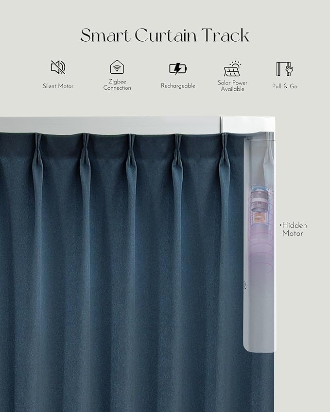 Graywind Rechargeable Smart Curtains Compatible with Alexa App Remote Control Motorized Drape for Sliding Door One-Way or Split Draw, Custom Width Up to 220" (Sapphire Blue)