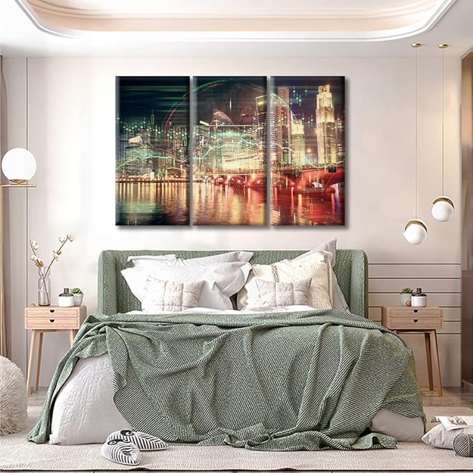 TUMOVO Financial Chart on City Scape with Tall Buildings Background Art Pictures Office Decor 3 Pieces Analysis Concept Wall Decor for Living Room Ready to Hang (60" Wx40 H)