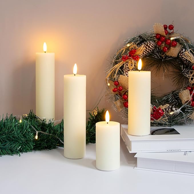 Flickering Flameless Pillar Candles with Remote Control and Cycle Timer,Ivory Pack of 4 Battery Operated(Powered by 2AA) LED Real Wax Tall Fake 3D-Wick Electric Candles(D 2.2” x H 4”,6”,8”,10”)