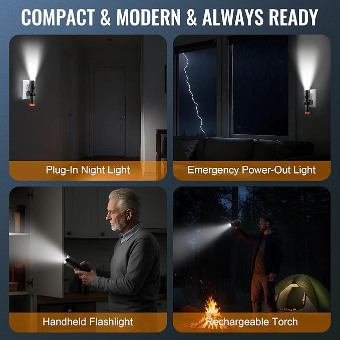 4 in 1 Plug in Emergency Flashlight Rechargeable LED Night Light with Motion Sensor for Power Outage Home Safety Portable Work Light Removable Torch for Camping and Indoor Use (3 Pack)