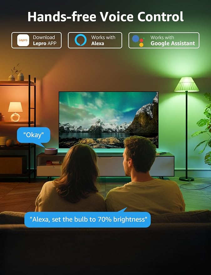 Lepro B1 AI Smart Light Bulbs - RGBWW Color Changing LED Bulb Works with Alexa & Google Assistant, AI Voice Control, Music Sync, A19 E26 Base, 8.5W 800Lumen, 2.4GHz WiFi & Bluetooth, 1 Pack（NO Remote