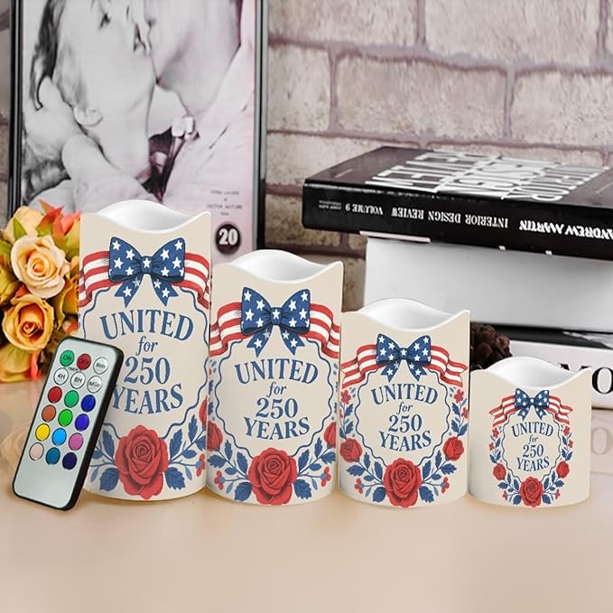 United for 250 Years Fake Candles Flowers Independence Day Battery Led Lights Fourth of July LED Flickering Remote Control Candle Decors for Patio Porch Mantle, 4 Pack