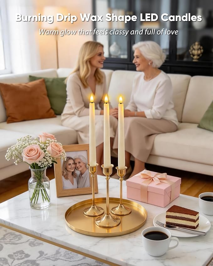 Homemory 24 Pcs Waxy Flameless Taper Candles with Remote, Led Flameless Candlesticks Classic Tall Candle, Flickering Battery Operated Taper Candles for Bedroom, Dining Room, Ivory, 9.6 inches
