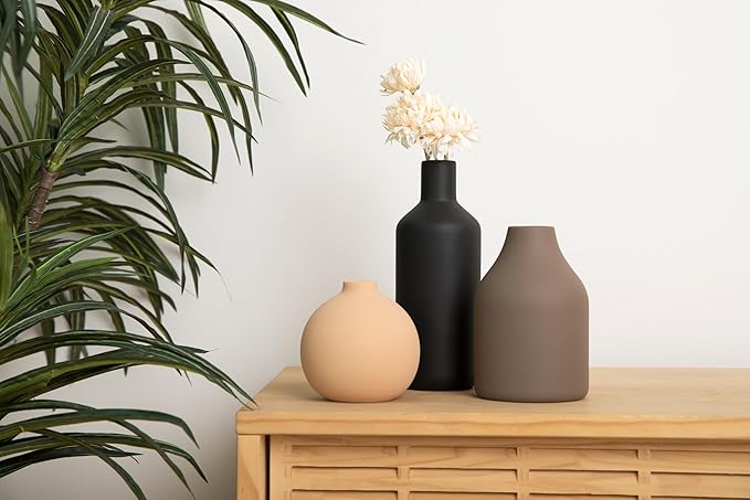 Ceramic Vase Set of 3 - Modern Farmhouse Decorative Vases for Home Decor. Boho, Rustic Vase, Small Neutral Pottery Vase Sets for Table, Shelf, Entryway, Living Room, Kitchen, Bedroom, Bathroom, Office