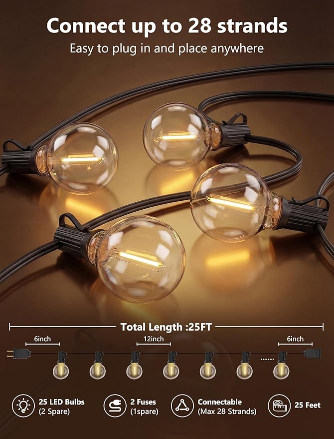 LED Outdoor String Lights, 25Ft G40 Globe Patio String Light Waterproof with 27 LED Warm White Bulbs, Hanging Outdoor Lights for Backyard Garden Porch Bistro Wedding Party Holiday Decor, Black Wire