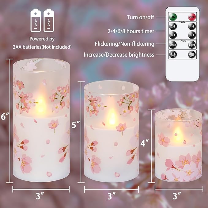 Flameless Flickering Glass Candles with Remote and Timer,Cherry Blossoms LED Battery Operated Real Wax Set of 3 Realistic Wick Electric Pillar Candles,Warm Fire(3 x 4, 5, 6 Inches)