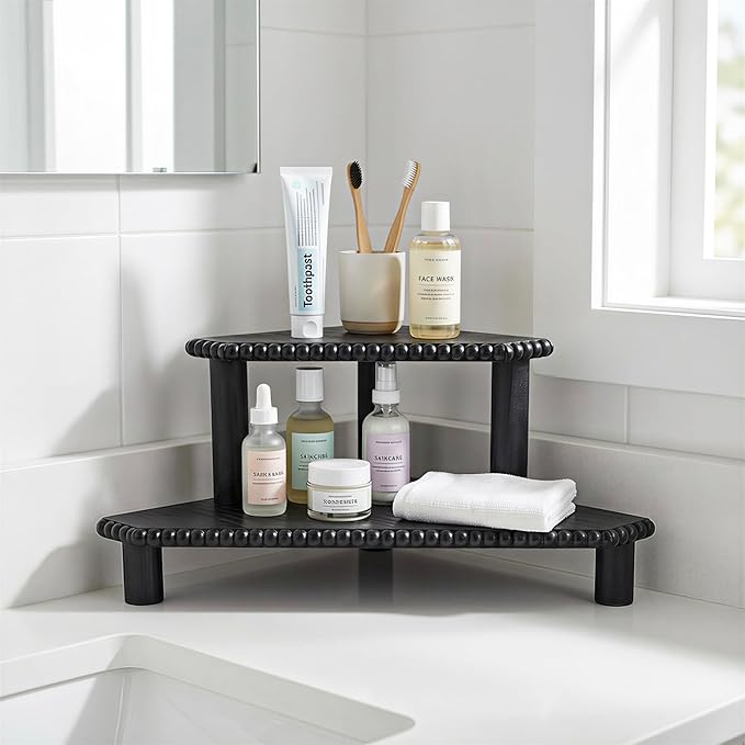2-Tier Rustic Corner Shelf for Kitchen Counter,Wood Beaded Farmhouse Countertop Organizer with Removable Feet, Stackable Bathroom Vanity & Coffee Bar Decorative Riser Stand(Rustic Black)