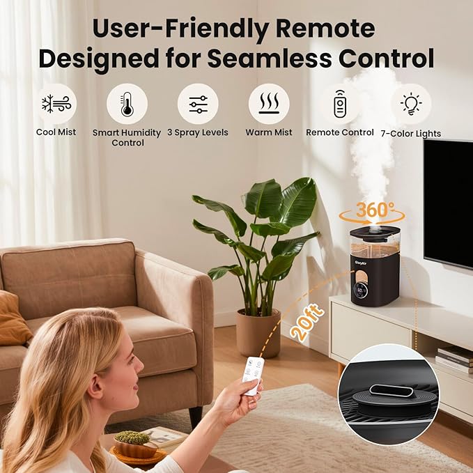 Warm & Cool Mist Humidifier - GloryAir Black 6L Quiet Top Fill Humidifiers for Bedroom Large Room with Smart Humidity Control, Remote Control, 7-Color Light, Humidistat, Oil Diffuser for Baby & Plants
