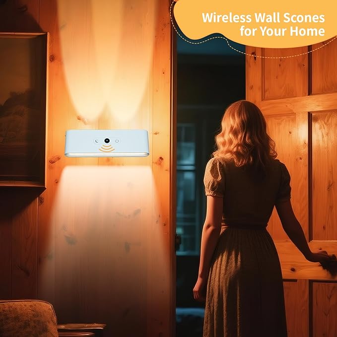 Motion Sensor Wall Light Indoor, Battery Operated Wall Sconces, 7.4-Inch Rechargeable LED Night Light for Bedroom, Living Loom Wall Decor for Home, Wireless Picture Lights, Bedside Book Reading Light
