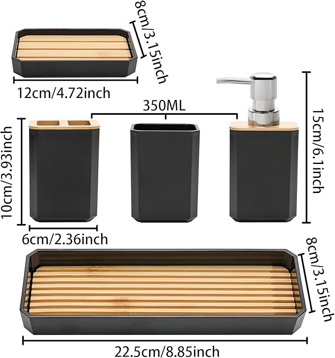 FEILANDUO Bathroom Accessories Set,5 Pcs Bathroom Accessory Gift Set, Soap Dispenser, Soap Dish, Toothbrush Holder, Toothbrush Cup, Vanity Tray, Boho, Modern Bathroom Decor (Black)