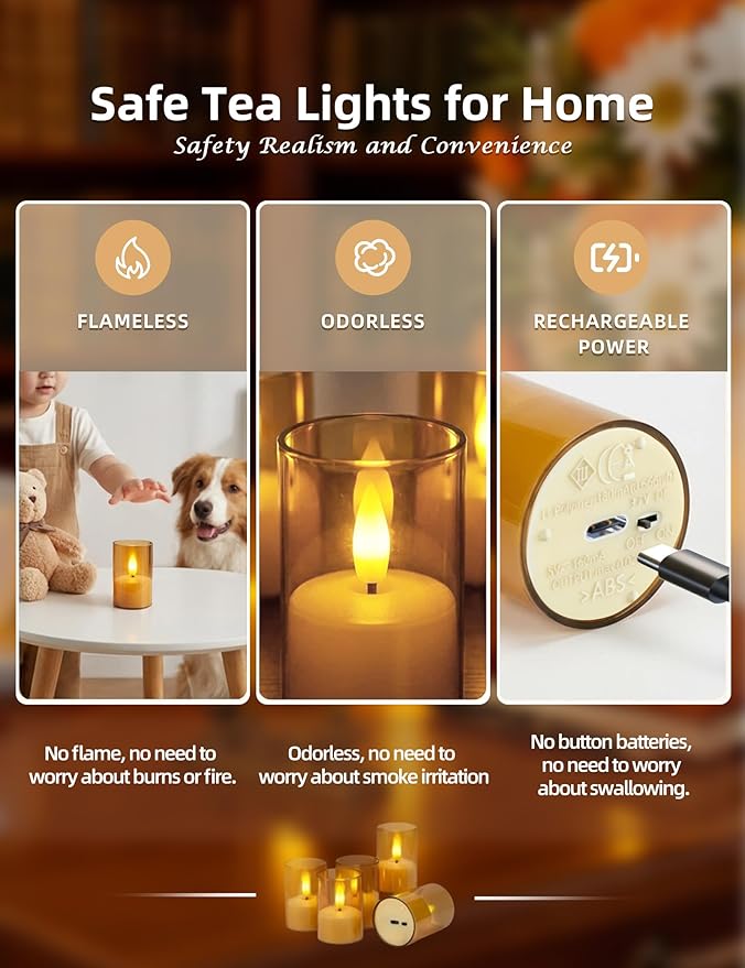 Rechargeable Acrylic Flameless Candles with Remote Timer, Flickering Warm White Tealights, Ideal for Home Decor Weddings Parties, Restaurants(Amber,Set of 6)
