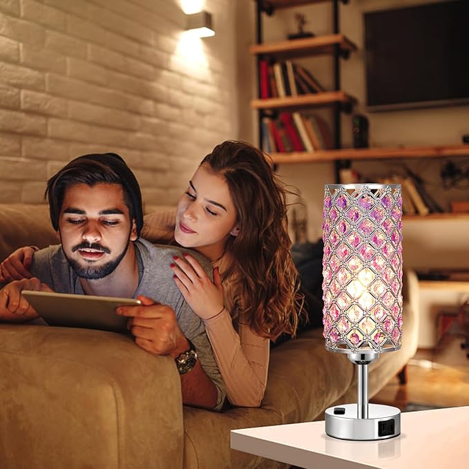Hong-in Crystal Lamps Set of 2, 3 Way Dimmable Touch Lamp with Crystal Shade, Bedside Nightstand Lamps for Living Room Bedroom Home Office(Purple)