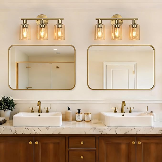 3-Light Bathroom Light Fixtures, Brushed Gold Vanity Light, Farmhouse Wall Lights with Amber Glass Shades, Bathroom Wall Lamp for Mirror Kitchen Bedroom Hallway Living Room