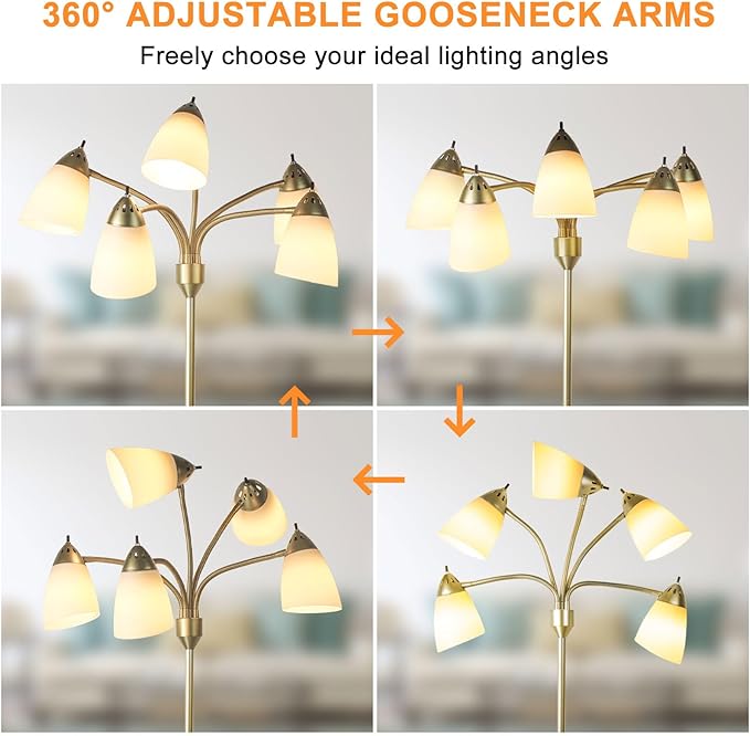 DINGLILIGHTING Floor Lamp Modern for Living: Flexible Gooseneck Floor Lamps Standing for Bedroom Home Office - Tall Floor Lights Gold 5-Light