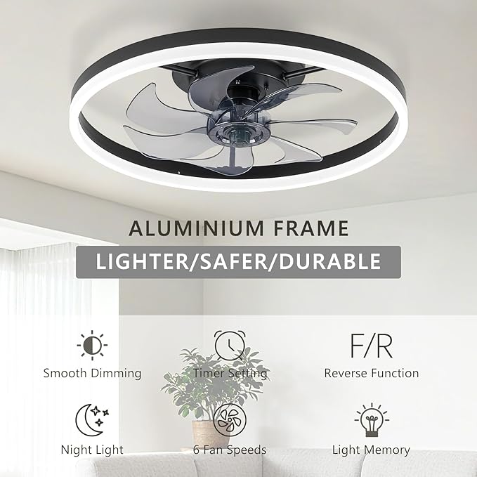 20" Low Profile Ceiling Fans with Lights and Remote & APP, Dimmable 3000-6500K LED Fandelier Ceiling Fan with Light, Modern Flush Mount Ceiling Fan Light for Living Room, Bedroom and Kitchen