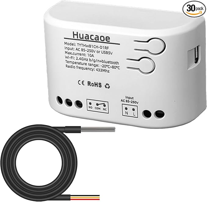 1CH Tuya Intelligent Temperature Sensor,85-250V Dry Contact Relay,Wireless Intelligent Monitoring,Temperature Control of Greenhouse Hatching Fish Tank seedlings,Compatible with Alexa Google Home