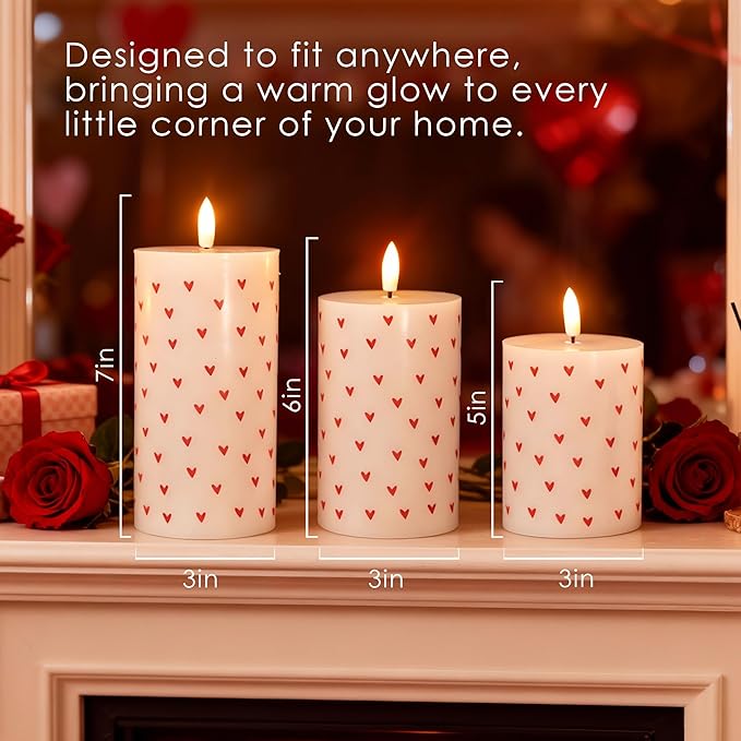 Flameless Candles with Remote, Battery Operated Pillar Candles for Valentine's Day Decoration Real Wax Electirc LED Candles for Romantic Home Table Centerpiece Decor Set of 3