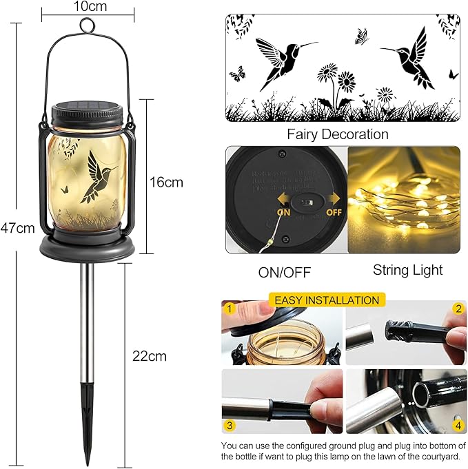2 Pack Hummingbird Solar Outdoor Lanterns, Birthday Mothers Day Gifts for Women Mom Grandma, Vintage Glass Mason Jar Solar Fairy Lights, Waterproof Garden Lights for Patio Yard Lawn Tree