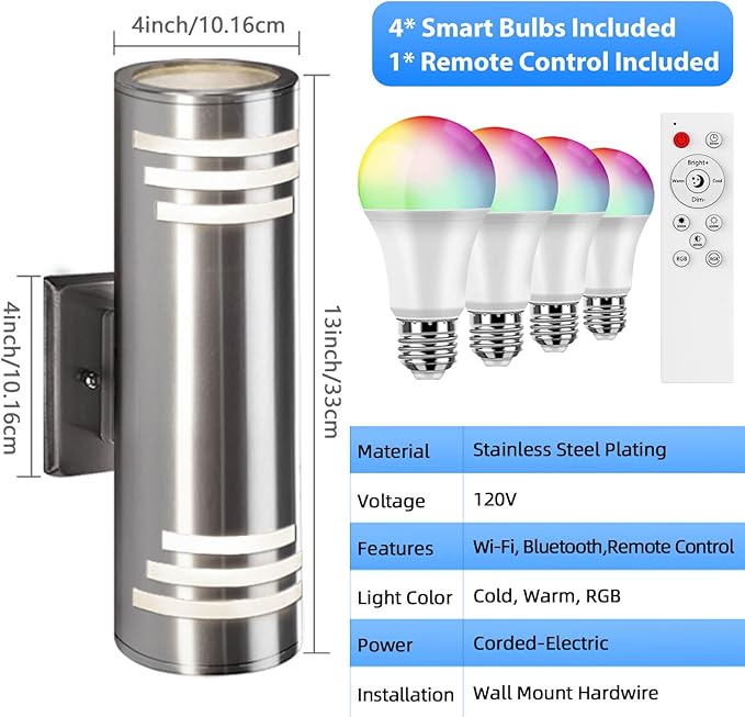 SHIMR Smart Porch Lights RGBCW 2 Pack, Color Changing Outdoor Wall Lights Stainless Steel Outdoor Light Fixture with Remote for House Garage, Compatible with Alexa Google Assistant