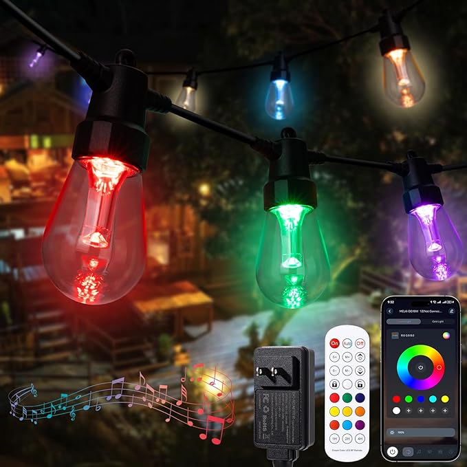 Outdoor String Lights Waterproof Patio Lights 52FT 20 RGBW Dimmable LED Bulbs, APP & Remote Control, Shatterproof Hanging Color Changing Lights for Outside Backyard Party Porch Balcony (52FT)