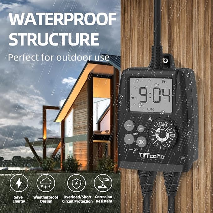 TiFFCOFiO Digital Outdoor Timer Outlet, Dial Programmable Method, Outdoor Light Timer Waterproof, 2 Grounded Electrical Outlets for Pool Pump, 6 Sets of Programs, 15A/1875W (1 Pack)