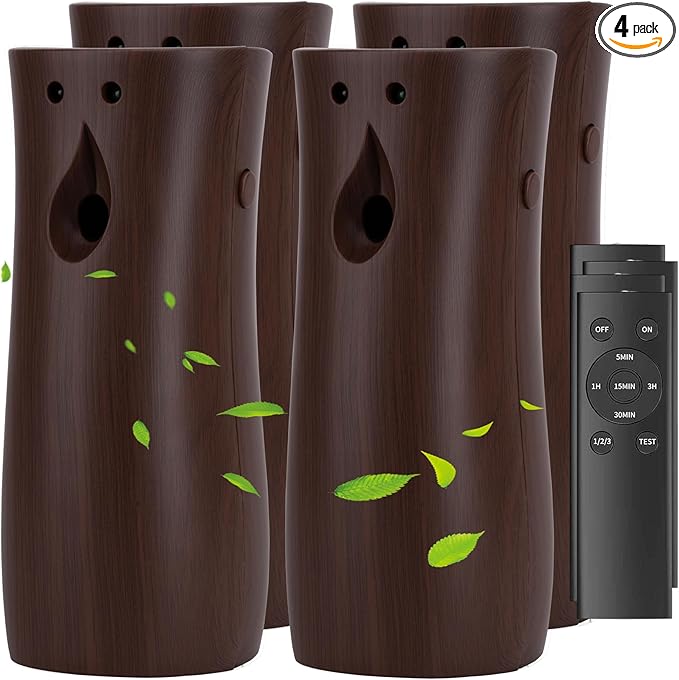 4 Pack Automatic Air Freshener Dispenser with Remote Control – Wall Mounted or Free Standing Battery Operated Scent Spray Dispenser for Home, Office, Bathroom (WOOD, Standard)