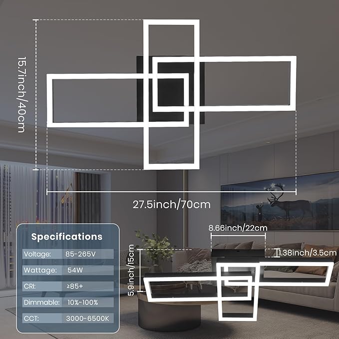 Modern Led Ceiling Light Fixtures, Black Flush Mount 3-Square Ceiling Light with Remote Control&APP, Dimmable, 40W Acrylic for Bedroom, Kitchen, Dining Room