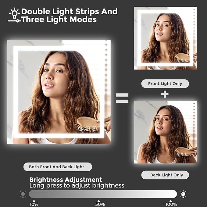 Koonmi 30x30 LED Bathroom Mirror, Backlit + Front Lit, LED Bathroom Mirror with Lights for Wall, 3 Colors, Anti-Fog, Dimmable Brightness, Memory Function, Tempered Glass