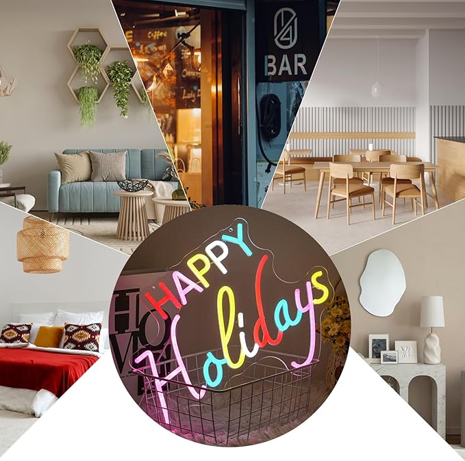 Happy Holidays Neon Sign for Wall Decor, Colorful Letter Neon Light, Dimmable Holiday LED Light Up Sign for New Year Party, Home Bar, Living Room, Wall Decorations