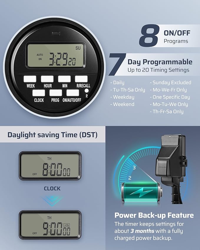 DEWENWILS Outdoor Digital Power Strip Timer, Multi Sockets, Waterproof 6 Outlets Garden Power Stake, 6ft Cord, Outdoor Timer for Lights, Yard, Garden, 15A Heavy Duty