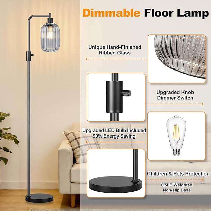 【Upgraded】 Dimmable Glass Floor Lamp for Living Room, Modern Black Standing Lamp with Green Ribbed Gray Lampshade & Knob Dimmer, Arc Tall Lamp for Bedroom Office Reading Room, 2700K Led Bulb Included