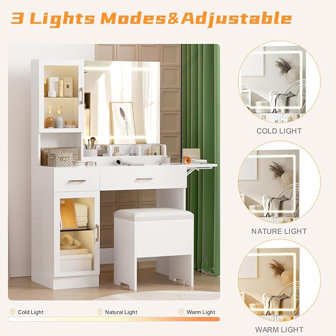 NUNU LAB White Vanity Desk with Mirror and Lights, Makeup Vanity Set with Storage Shelf and Drawers, Bedroom Dressing Table with RGB Cabinets, Cushion Stool for Women, Girls, Teens (052 White)