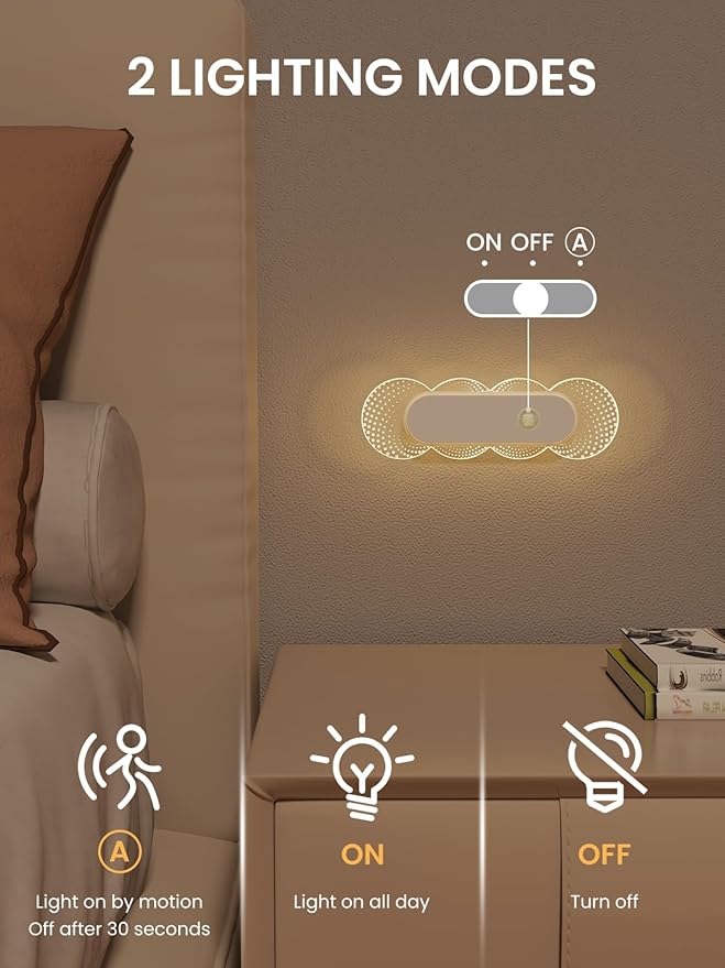 Motion Sensor Night Light for Bathroom & Toilet, Rechargeable Wireless Stick-On Indoor Lights, Magnetic No Drill for Hallway Stairs Bedroom, Warm White 3000K LED, Auto On/Off, 2 Pack